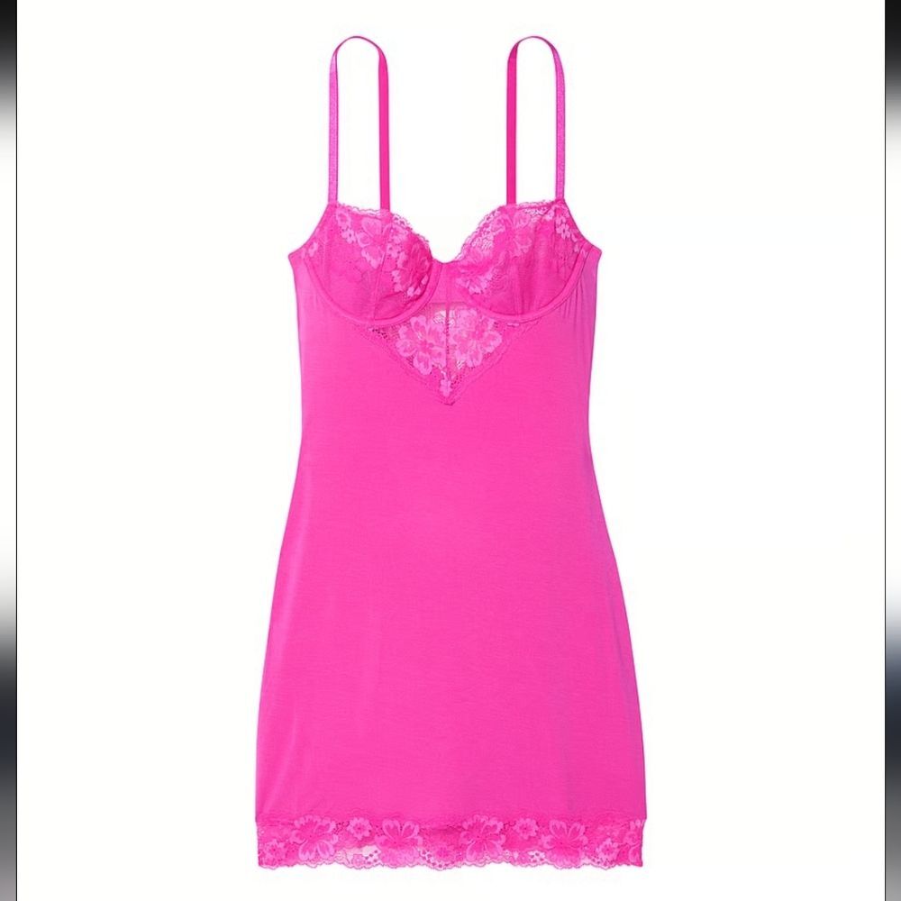 NWT Victoria's Secret Modal & Lace Cupped Mini Slip Dress Fuschia Pink M Medium